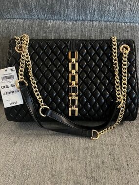 INC HARPER Black Quilted Shoulder Bag with Gold Chain